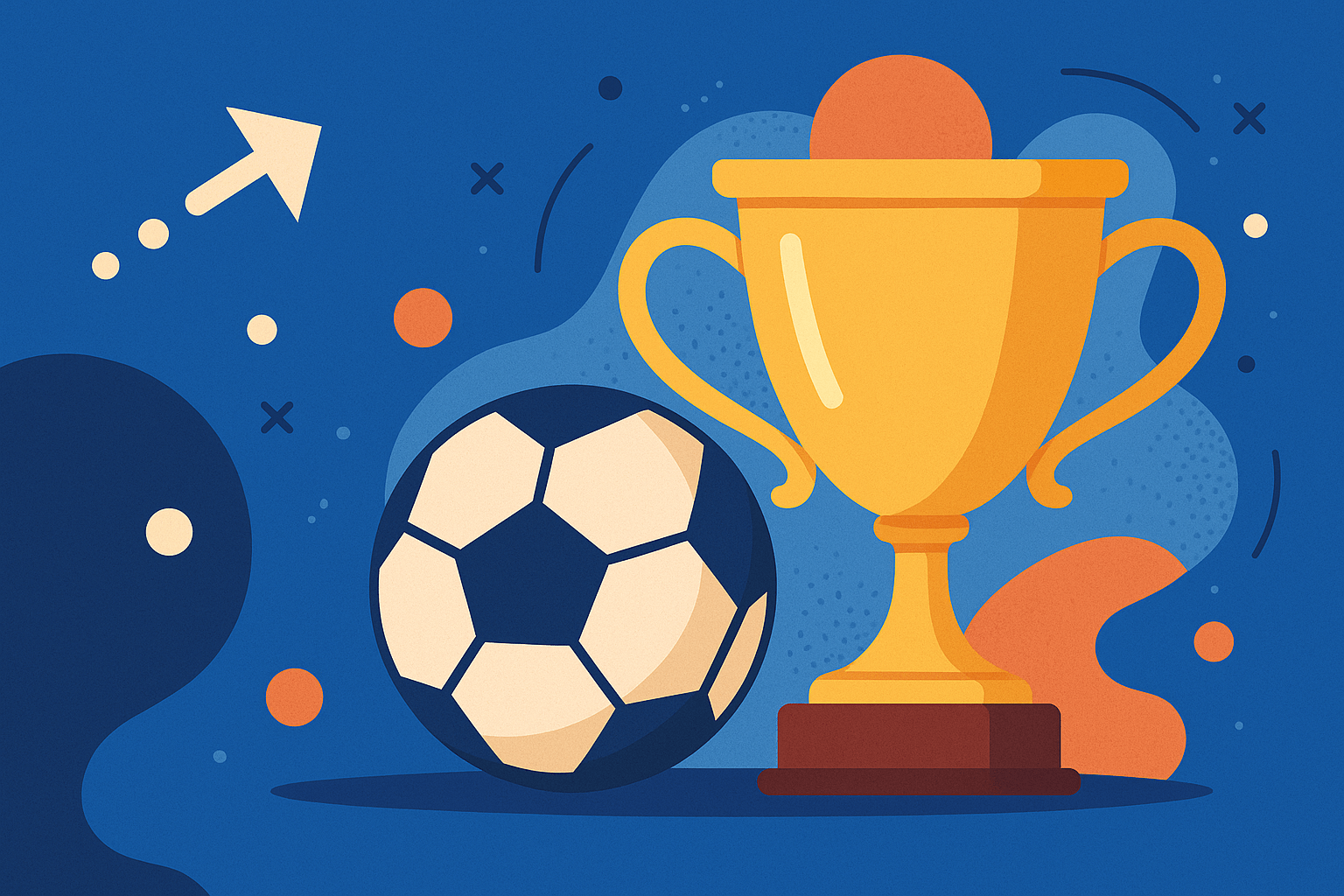 Abstract football illustration with a trophy and soccer ball on a blue background.