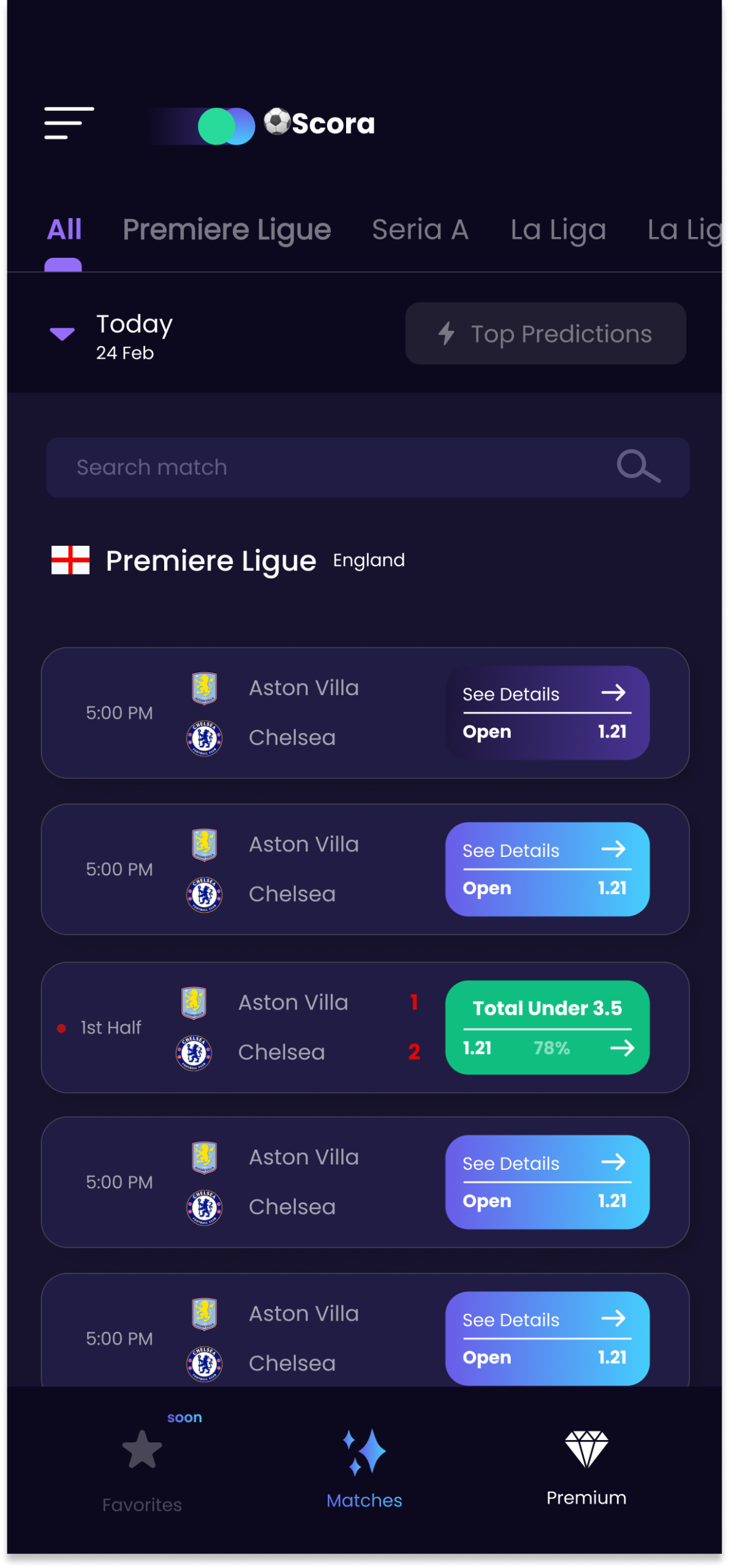 Scora app — AI soccer predictions
